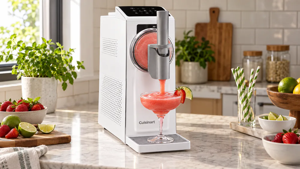 Cuisinart ICE-200 dispensing a smooth frozen cocktail through the front tap into a glass.