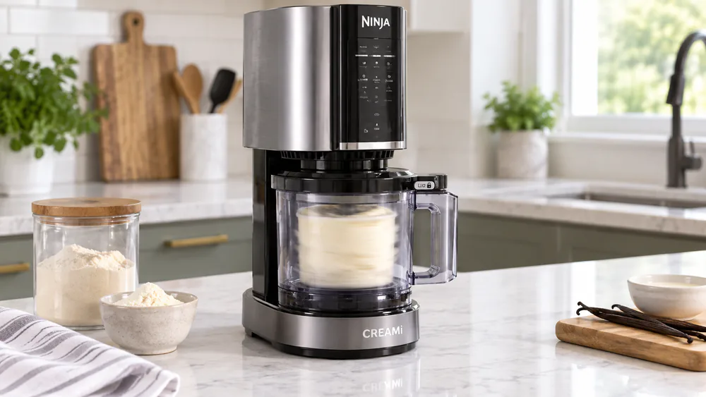 A Ninja Creami NC301 with a 16-oz pint locked into its base, mid-spin, shaving a frozen protein base into smooth soft-serve.