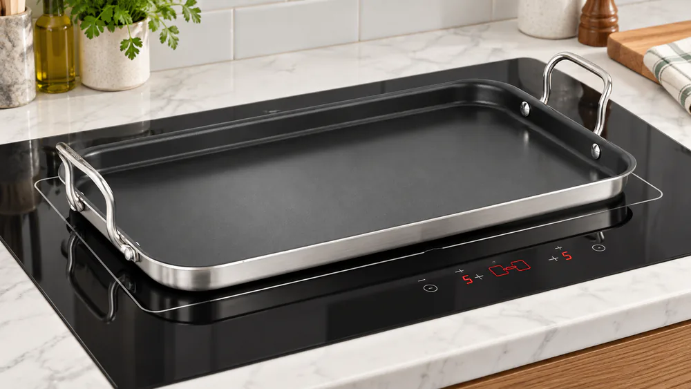 The Cuisinart double burner griddle centered on an induction cooktop bridge zone with the control panel showing a medium setting