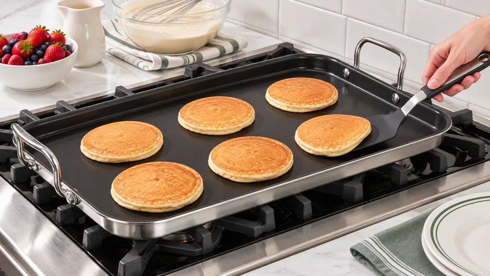 Six golden pancakes cooking on the Cuisinart MultiClad Pro double burner griddle with a spatula lifting one edge
