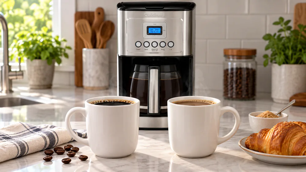 Two mugs of coffee side by side brewed on the Cuisinart PerfecTemp, one darker from the Bold setting and one lighter from Regular.