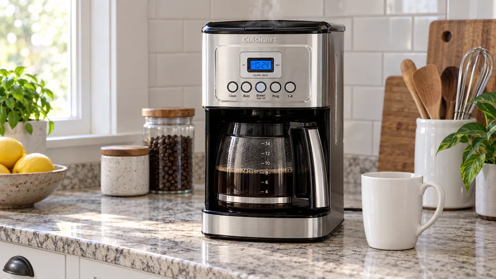 The Cuisinart PerfecTemp brewing on a kitchen counter mid-cycle, steam rising from the top vent, a mug waiting beside it.