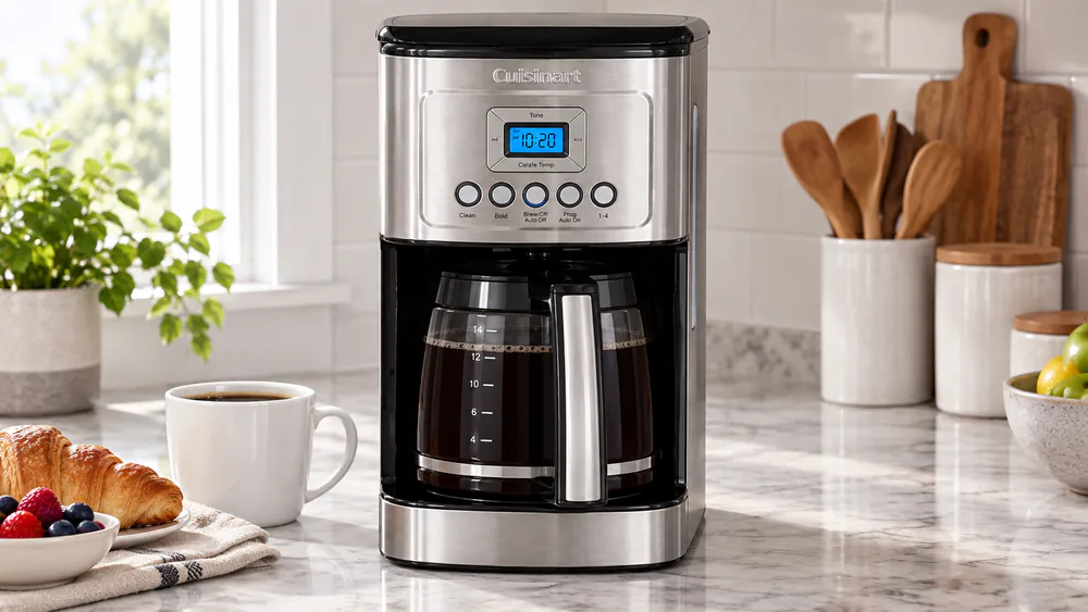 A full glass carafe of coffee sitting on the Cuisinart PerfecTemp warming plate with the control panel lit, in a home kitchen.