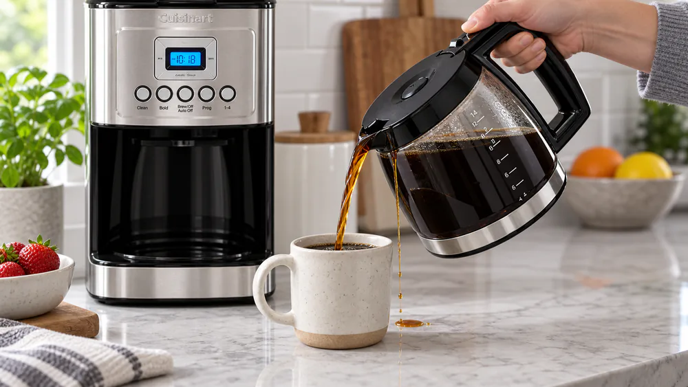 A hand pouring coffee from the Cuisinart PerfecTemp glass carafe into a mug, a thin dribble running down the spout onto the counter.