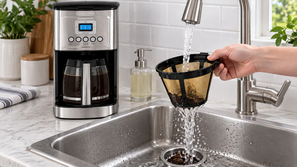 The gold-tone permanent filter basket from the Cuisinart PerfecTemp being rinsed under a kitchen tap before coffee grounds are added.