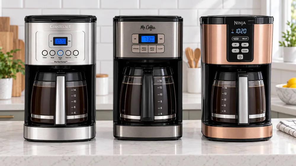 Three 14-cup drip coffee makers lined up on a counter for comparison, the Cuisinart PerfecTemp beside a Mr. Coffee and a Ninja XL PRO.