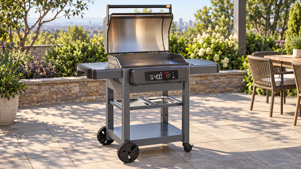 The Current Model G Electric Griddle assembled on a patio, showing the seasoned steel top, painted lid, and side shelf on its rolling frame