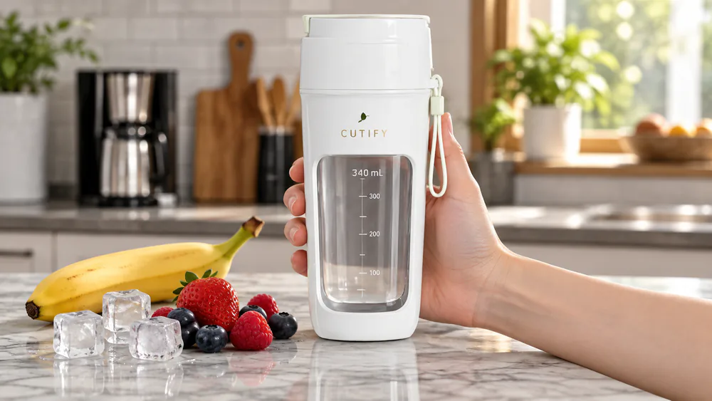 A hand holding the CUTIFY 340 mL cup with one banana, a few ice cubes, and a small handful of berries lined up next to it at the max fill line.