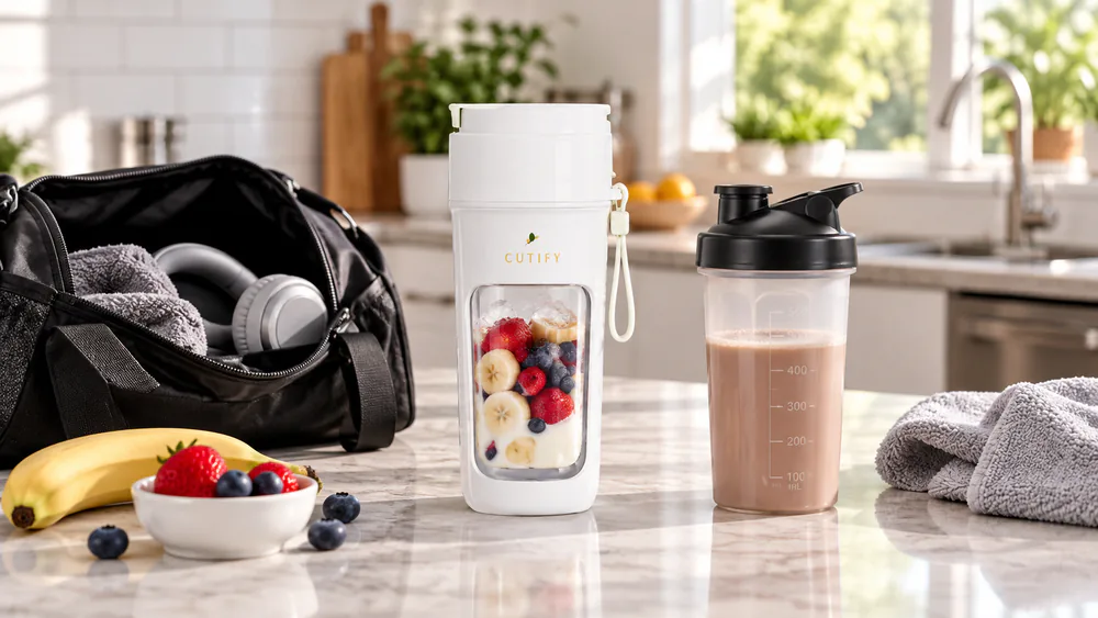 The CUTIFY portable blender on a kitchen counter beside a protein shaker bottle and a gym bag, showing its pocket size.