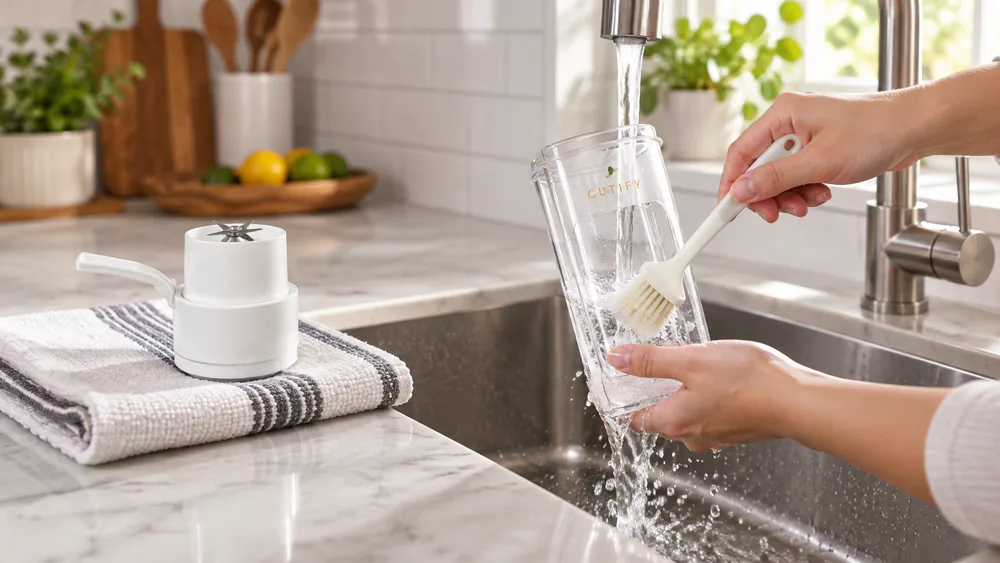 The CUTIFY blender cup being rinsed under a kitchen tap with the included cleaning brush, motor base kept dry on the counter.