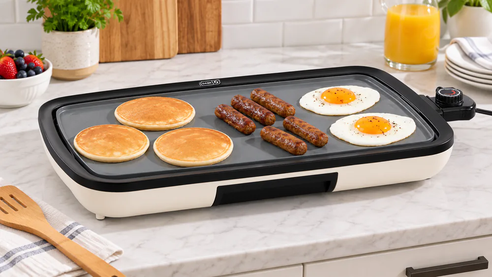 The Dash Everyday Ceramic Griddle on a kitchen counter loaded with pancakes, sausage links and fried eggs for a family breakfast