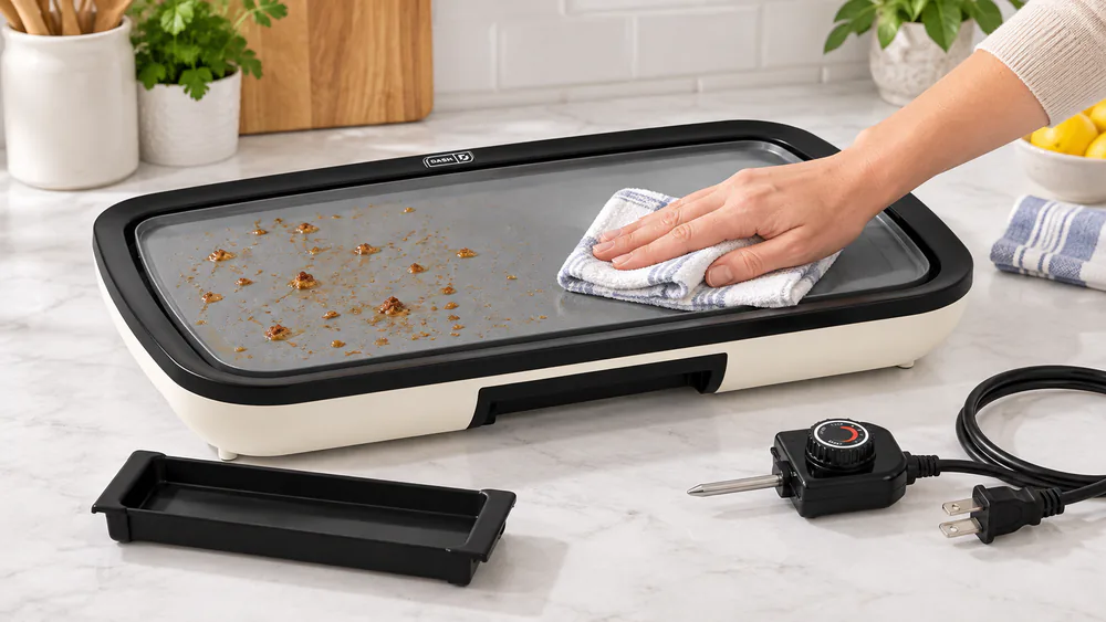 A hand wiping the Dash ceramic griddle surface with a damp cloth beside the removed drip tray on a counter
