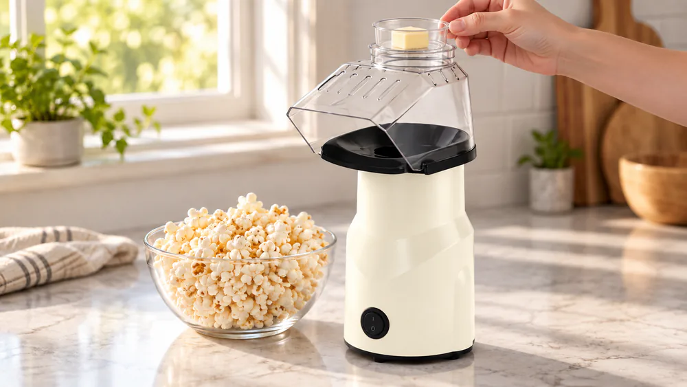 The Dash 10-cup hot air popper with its measuring cup and butter tray lifted off.