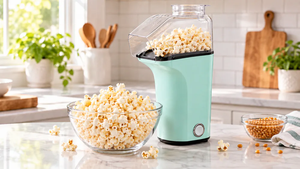 A large bowl of popcorn from the 16-cup Dash Fresh Pop, popper behind it.