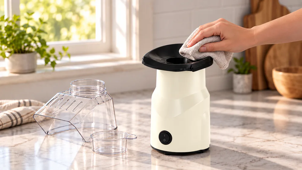 A damp cloth wiping the popping chamber of the Dash hot air popper.