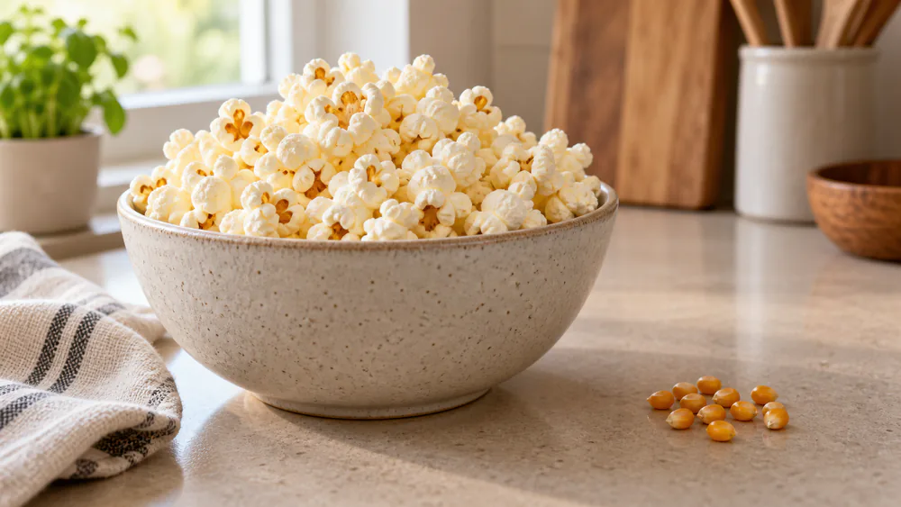A bowl of air-popped popcorn with a small pile of unpopped kernels beside it.