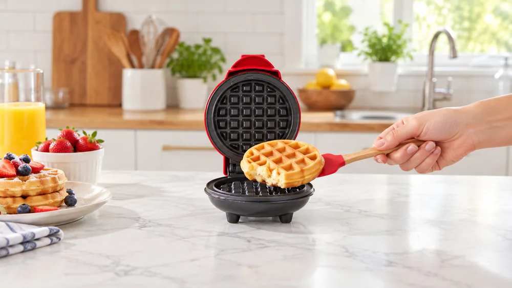 A single golden 4-inch waffle lifted out of the Dash Mini with crisp browned edges and a fluffy interior visible at one torn edge