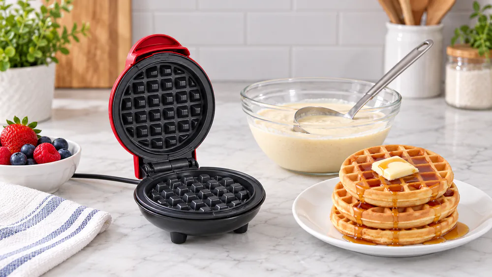 A Dash Mini waffle maker on a kitchen counter beside a bowl of batter, a ladle, and a plate of finished 4-inch waffles