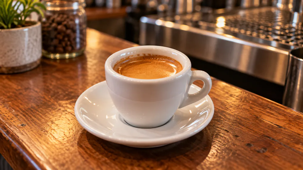 A freshly pulled espresso shot in a white cup topped with golden crema.