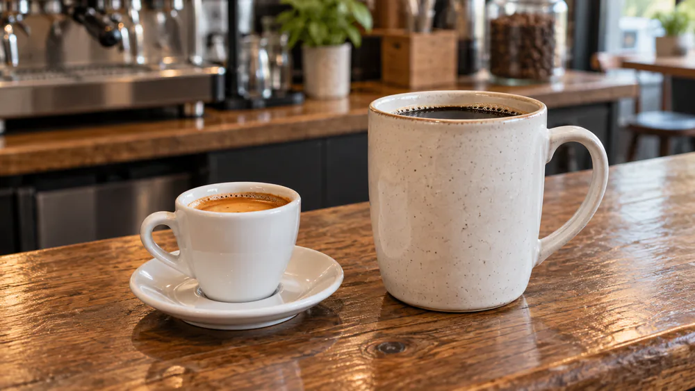 A small espresso cup beside a tall mug of drip coffee.