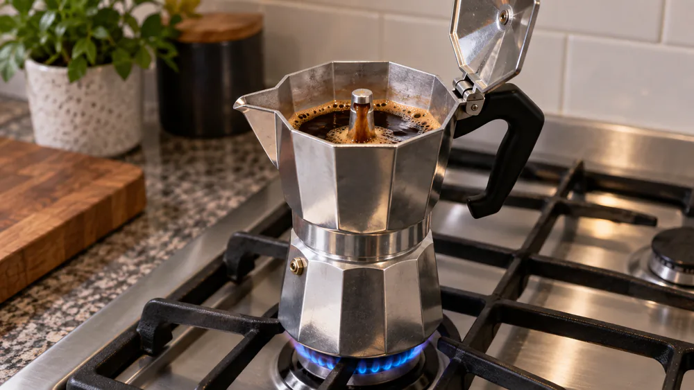 A stainless steel moka pot brewing on a gas stovetop with dark coffee rising into the top chamber.