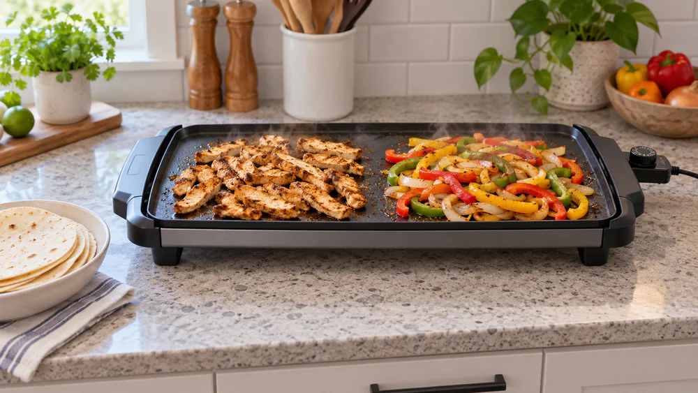 Sliced chicken, peppers, and onions sizzling on separate zones of a large electric griddle