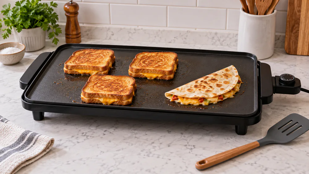 Three grilled cheese sandwiches and a quesadilla cooking side by side on an electric griddle