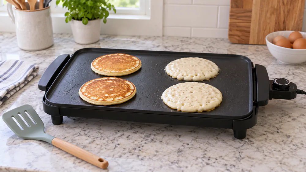 A row of golden brown pancakes cooking on an open electric griddle with bubbles forming on the uncooked tops