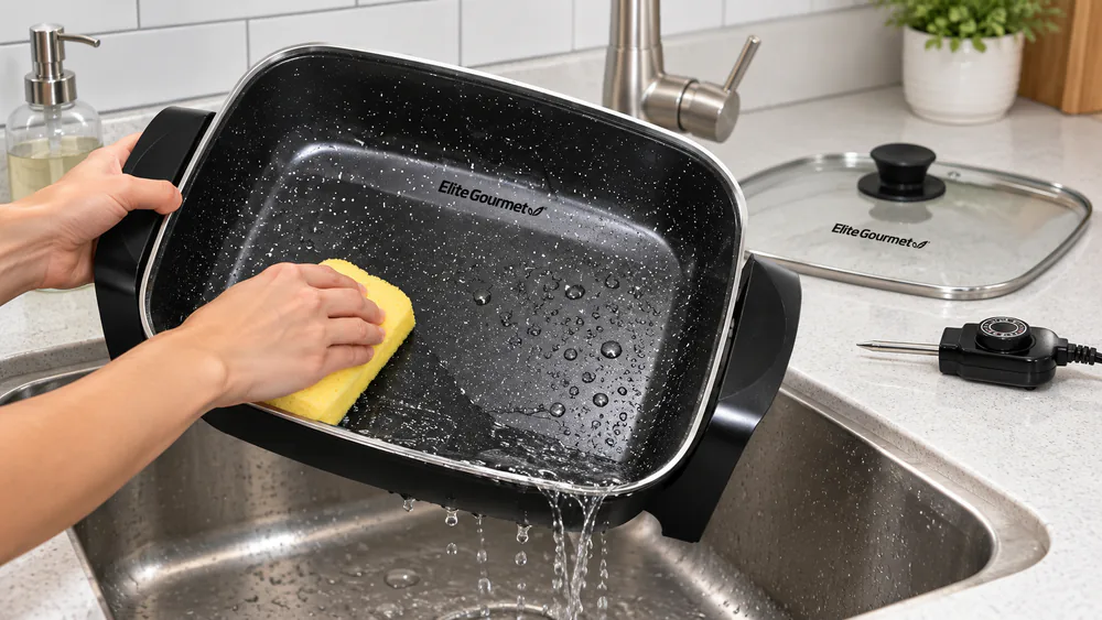 The deep Elite Gourmet EG-6203 nonstick pan held over a kitchen sink after washing, marble coating wiped clean with a soft sponge, water beading on the surface.