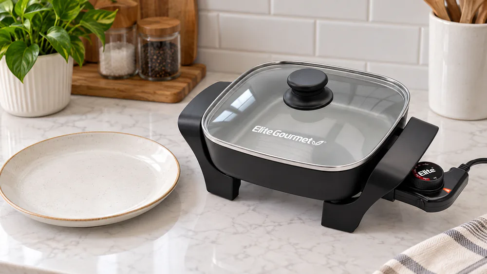 The compact Elite Gourmet EG808C ceramic electric skillet on a small kitchen counter with its tempered glass lid on, showing the 8-inch square pan next to a dinner plate for scale.