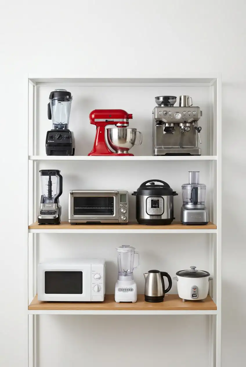 A three-tier kitchen appliance setup showing budget starter appliances on one shelf, mid-range appliances on a second shelf, and premium KitchenAid and Vitamix appliances on a third shelf