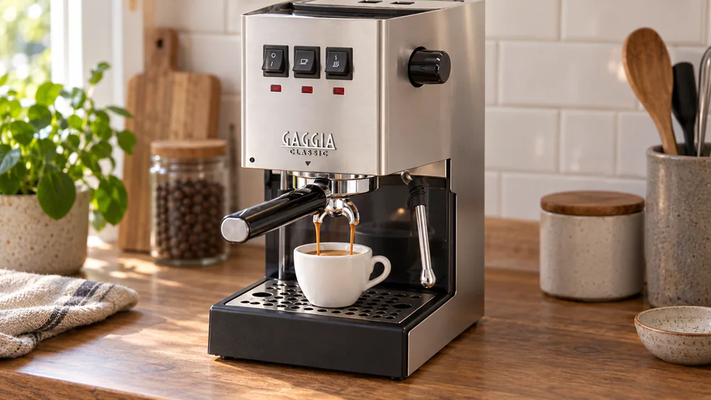 Gaggia Classic E24 pulling a double shot into a white cup.