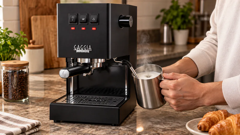 Gaggia Classic Evo Pro steaming milk, two-hole wand angled into a pitcher.