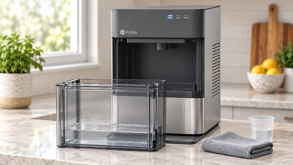 The GE Profile Opal 2.0 running its descale cleaning cycle, cleaning solution in the reservoir and the touch display showing the clean mode active.