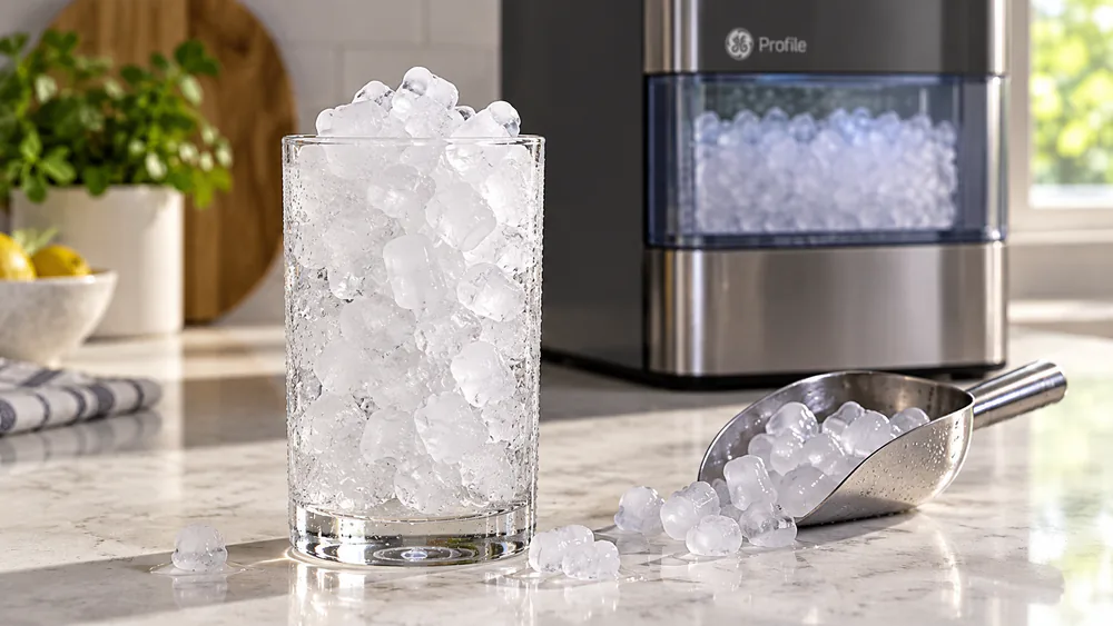 A glass filled with soft chewable nugget ice from the GE Profile Opal 2.0, pellets piled above the rim on a kitchen counter.