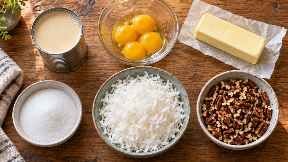 Evaporated milk, egg yolks, butter, sugar, shredded coconut, and chopped pecans arranged on a wooden board before making German chocolate cake frosting.