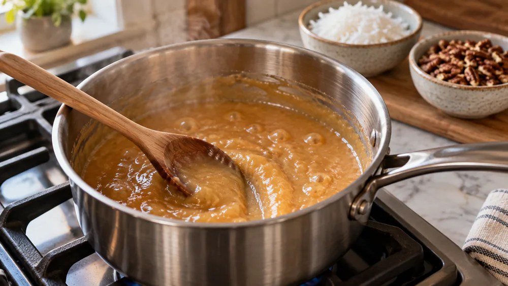 A wooden spoon stirring a thickening caramel-colored custard base in a heavy saucepan on the stovetop.