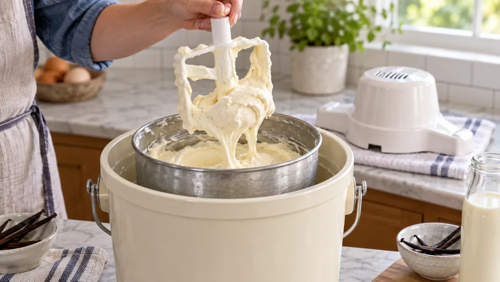 Freshly churned vanilla ice cream at soft-serve consistency being lifted on the paddle from a Hamilton Beach freezer canister.