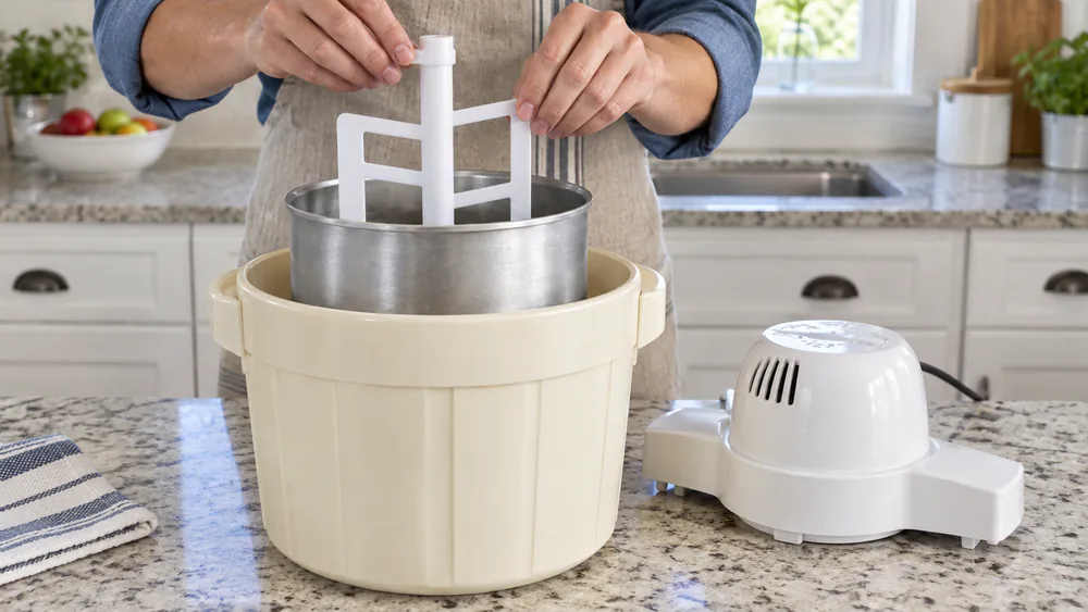 Hands seating the mixing paddle into the freezer canister of a Hamilton Beach ice cream maker before attaching the motor lid.