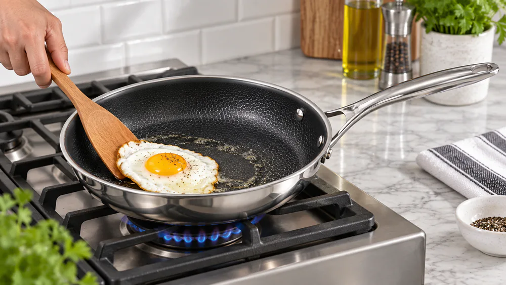 A fried egg sliding out of a Henckels Paradigm hybrid pan with a thin film of butter, release clean, hexagon pattern visible in the pan bottom.