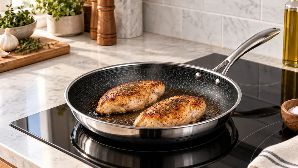 Chicken breasts with a golden crust searing in a HexClad hybrid pan over a burner, hexagon pattern visible on the pan bottom.