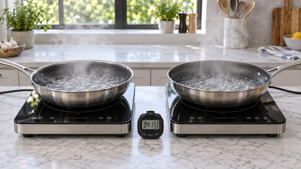 Two hybrid pans on matched induction burners with water at a rolling boil, a stopwatch running beside them.