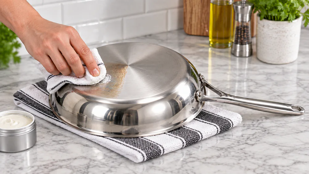 A hand wiping a Henckels Paradigm pan's polished steel exterior bottom with a cleaning cloth and polish, stains fading.