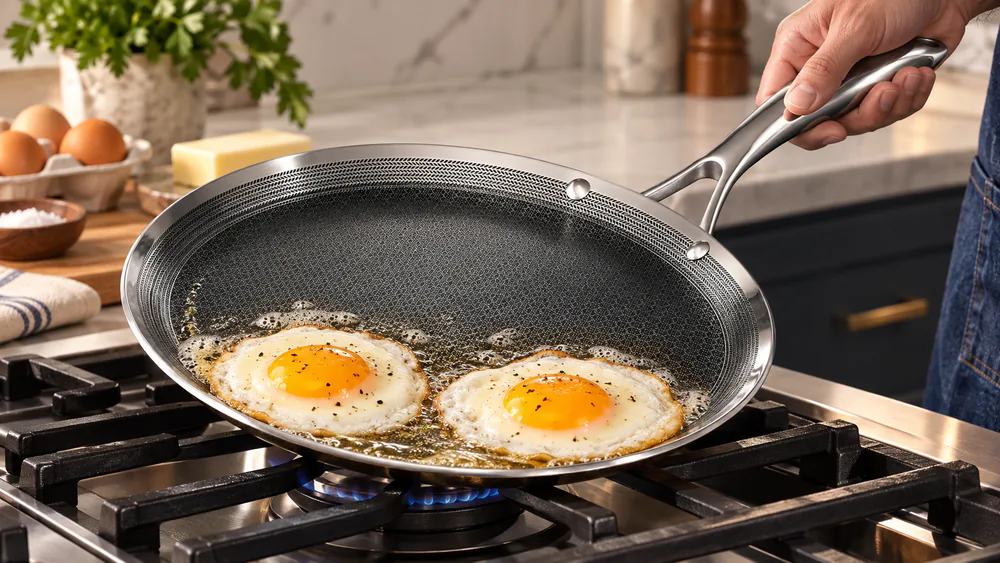 Two fried eggs sliding across a HexClad hybrid griddle pan with a thin film of butter, steel ridges visible around the edges