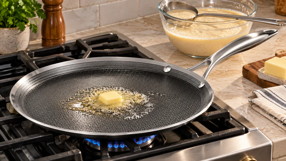 A HexClad 12-inch hybrid griddle pan on a gas burner with a ladle of pancake batter beside it and butter melting on the ridged surface