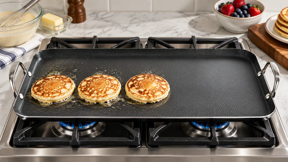 HexClad double burner griddle sitting across two gas burners with a row of pancakes cooking on the left half