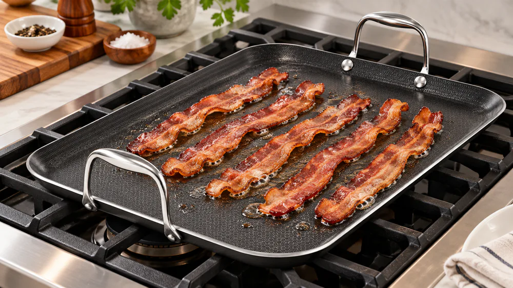 Strips of bacon browning and rendering fat on the HexClad griddle surface