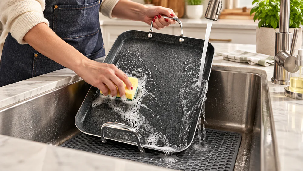 HexClad griddle held under running water in a kitchen sink with a sponge wiping the surface clean