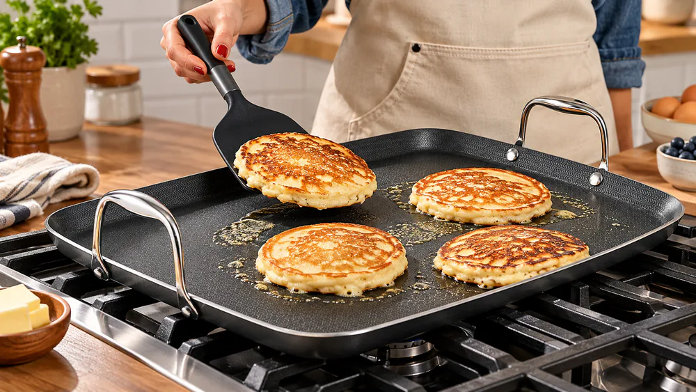 A spatula flipping a golden pancake on the HexClad griddle while other pancakes cook beside it