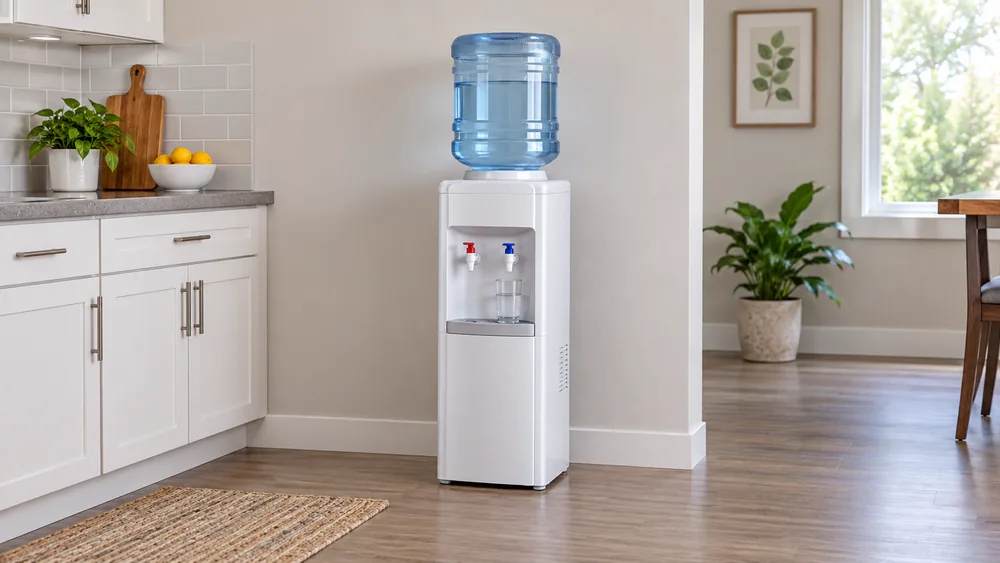 Top-loading water cooler with its bottle seated in the collar and a glass on the drip tray.